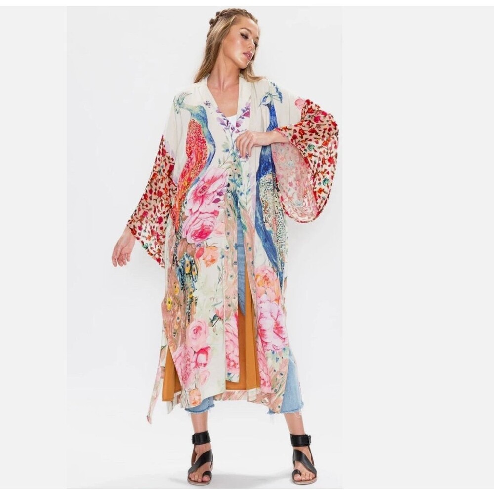 Aratta Silent Journey Kimono Duster Peacock Burnout VeLVeT L Maxi Dress Robe